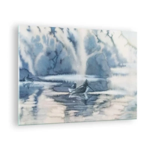 Glass picture - Two fishermen on a boat surrounded by a misty landscape - 70x50cm - Fishermen in Their Paradise - Modern wall decoration for the living room and bedroom ARTTOR