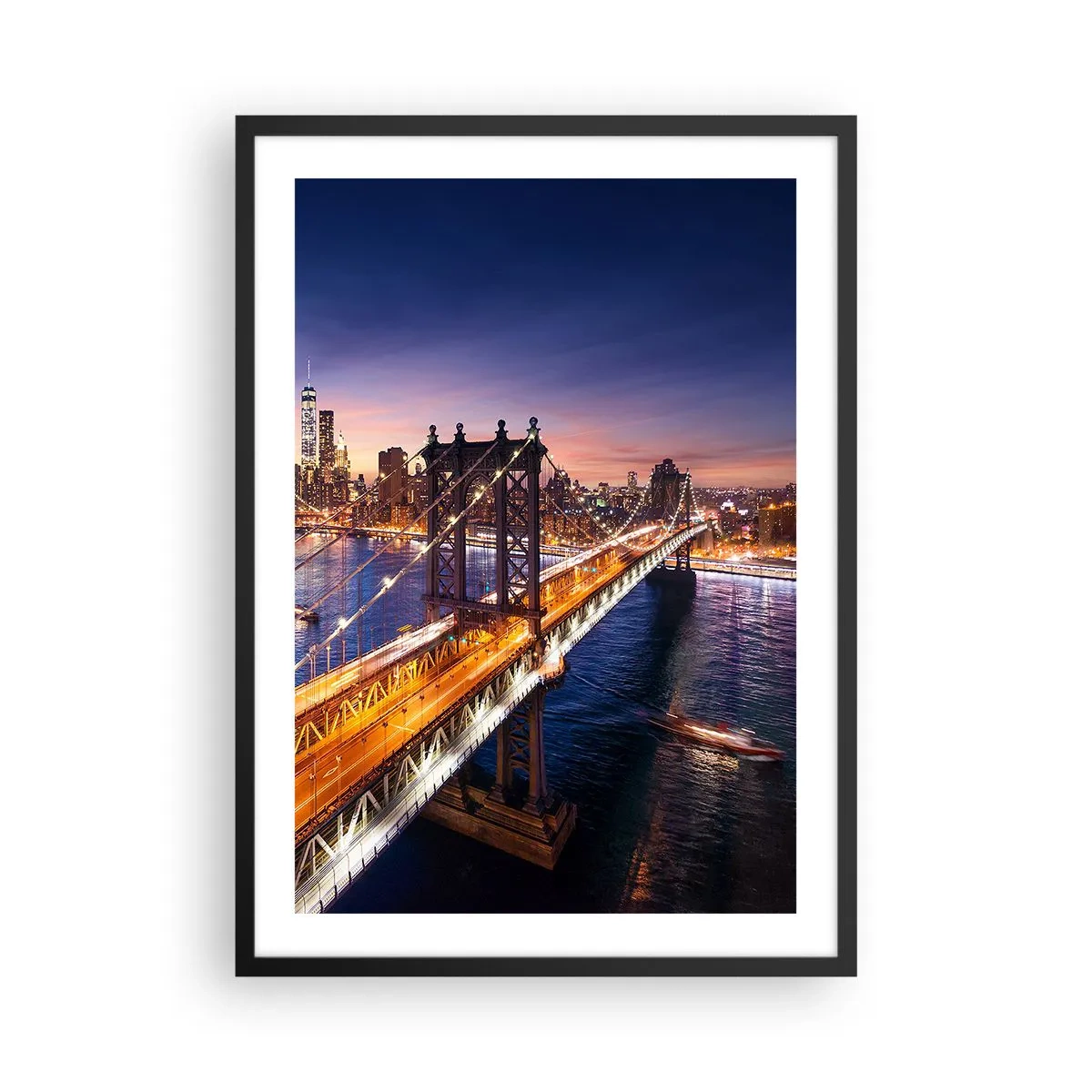 Poster in black frame - New York City Bridge at Night with a View of the City - 50x70cm - Down the Illuminated Bridge - Modern wall decoration for the living room and bedroom ARTTOR