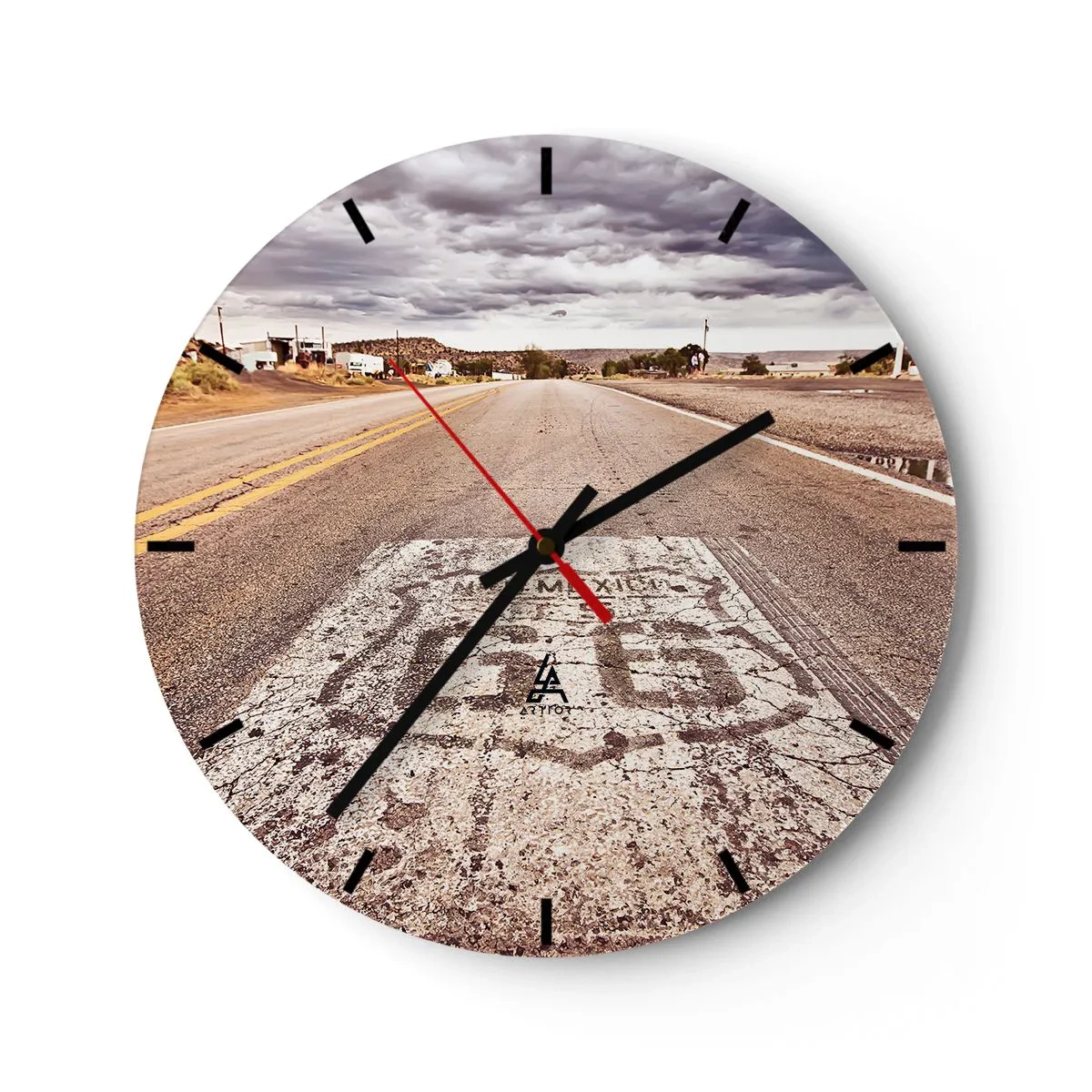 Wall clock - Clock on glass - Route 66 under a cloudy sky - 30x30cm - Mother Road - American Legend - Modern wall decoration for the living room, kitchen, and bedroom ARTTOR