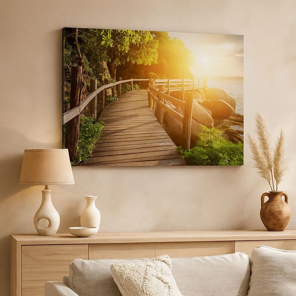Canvas picture - A wooden bridge among greenery leading to the sea in the rays of the sun - 70x50cm - Another Bend, New Wonders - Modern wall decoration for the living room and bedroom ARTTOR