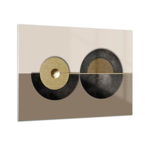 Glass picture - Geometric circles in gold and black on a beige background - 70x50cm - Variations on Wheel - Modern wall decoration for the living room and bedroom ARTTOR