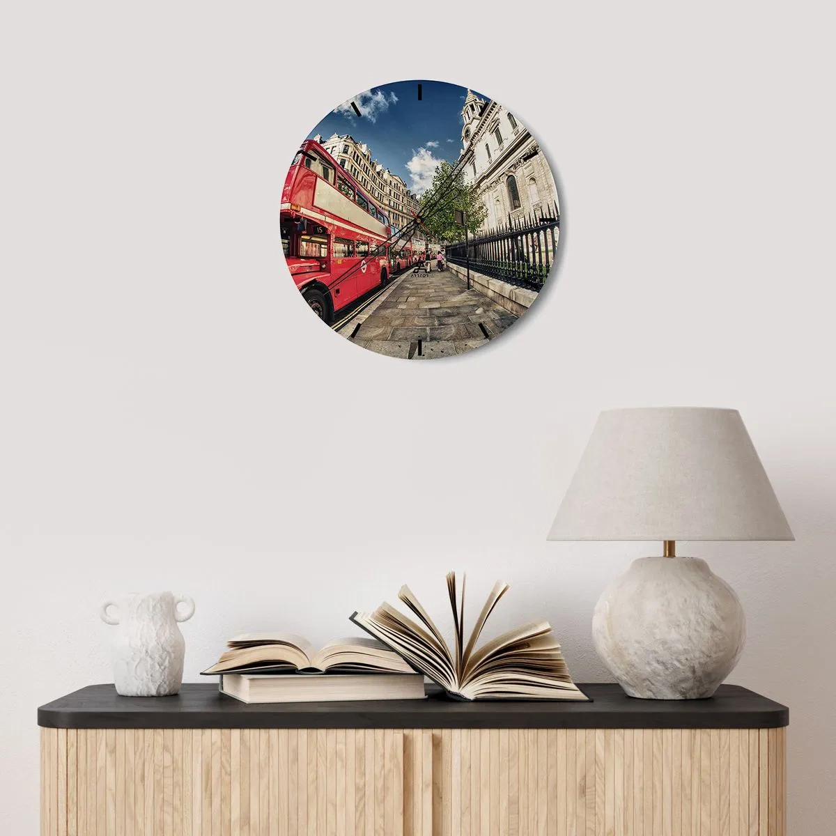 Wall clock - Clock on glass - A red double-decker bus on a city street on a sunny day - 30x30cm - London Street in Grey and Red - Modern wall decoration for the living room, kitchen, and bedroom ARTTOR