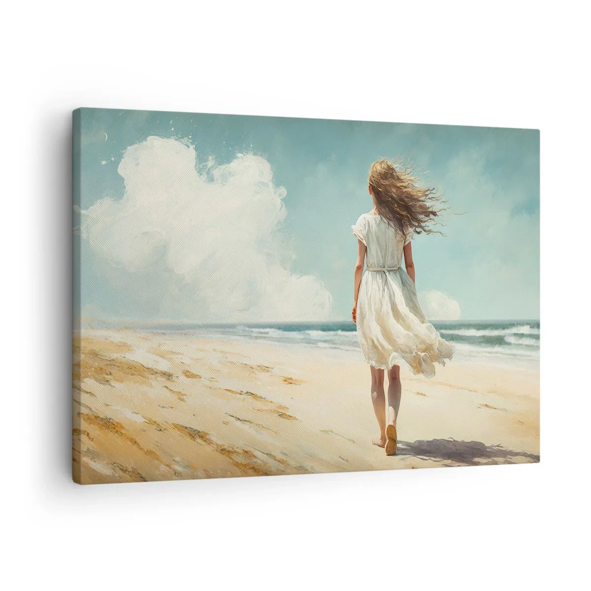 Canvas picture - A woman in a white dress walking on the beach on a sunny day - 70x50cm - Meeting the Sun aand the Wind - Modern wall decoration for the living room and bedroom ARTTOR