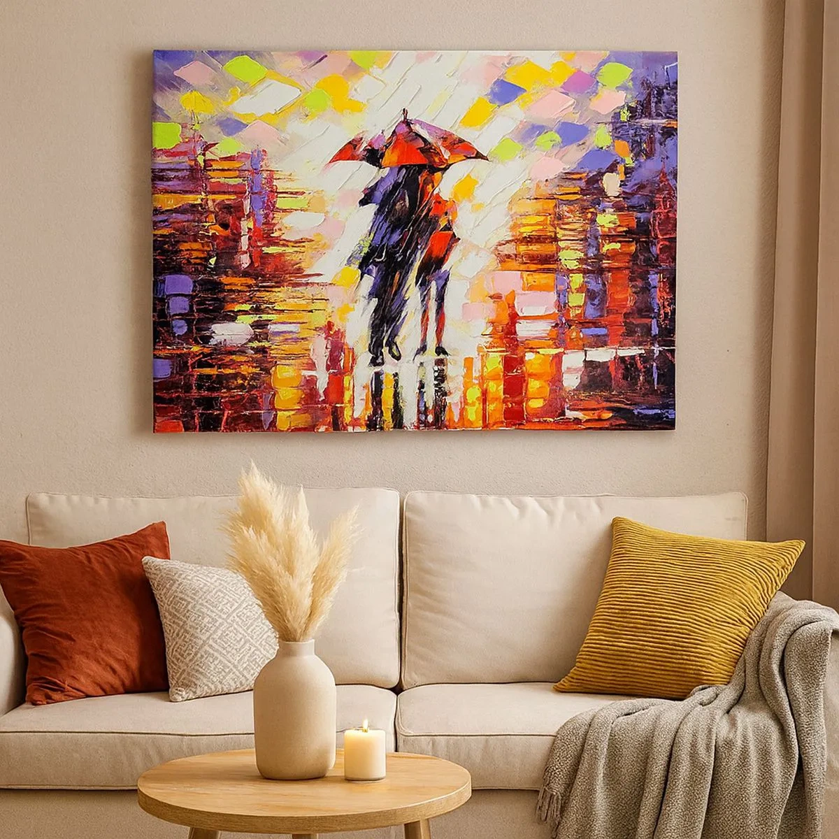Canvas picture - An abstract scene of a walk under an umbrella on a rainy night. - 70x50cm - Together through Night and Rain - Modern wall decoration for the living room and bedroom ARTTOR