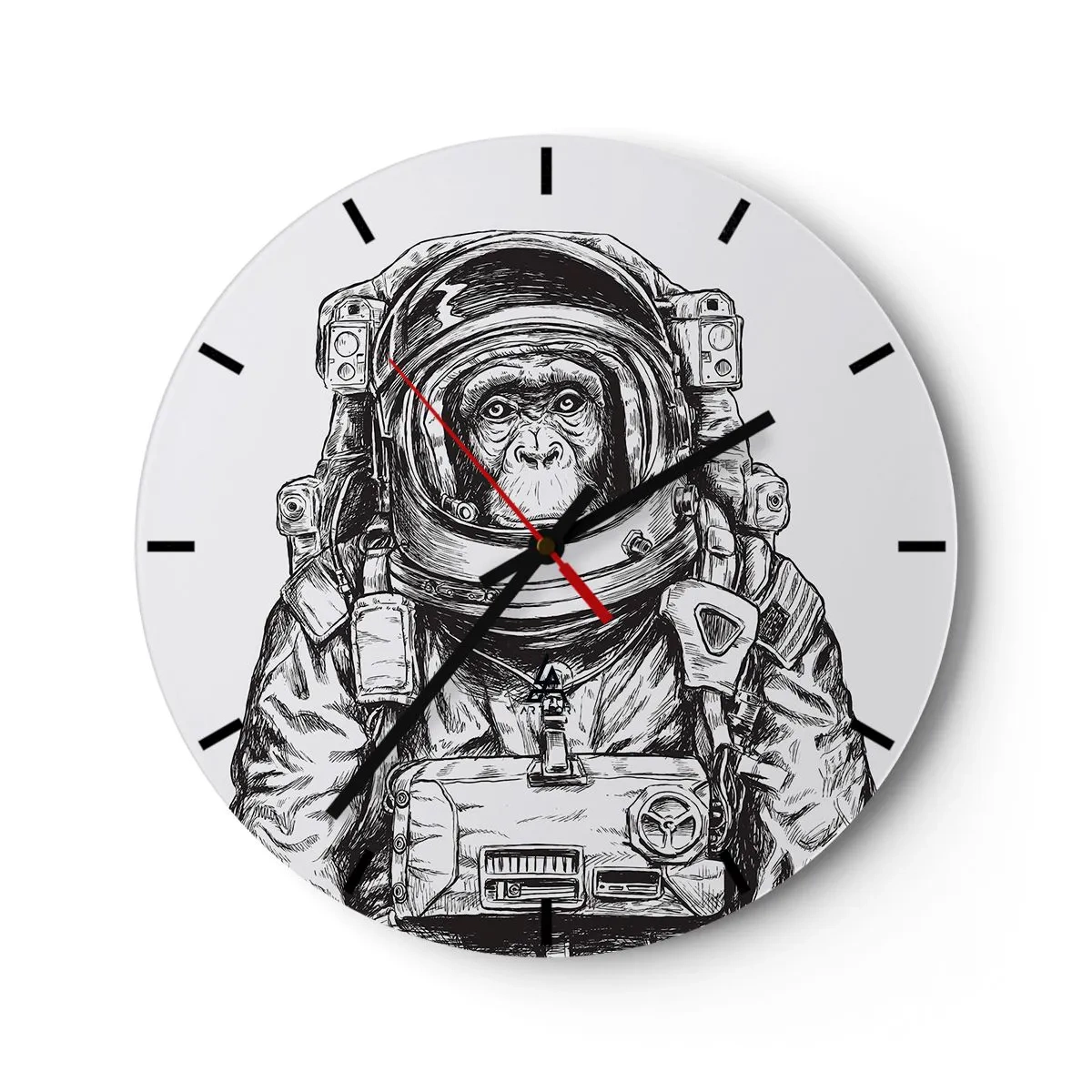 Wall clock - Clock on glass - A black and white sketch of a monkey astronaut. - 30x30cm - Alternative Revolution - Modern wall decoration for the living room, kitchen, and bedroom ARTTOR
