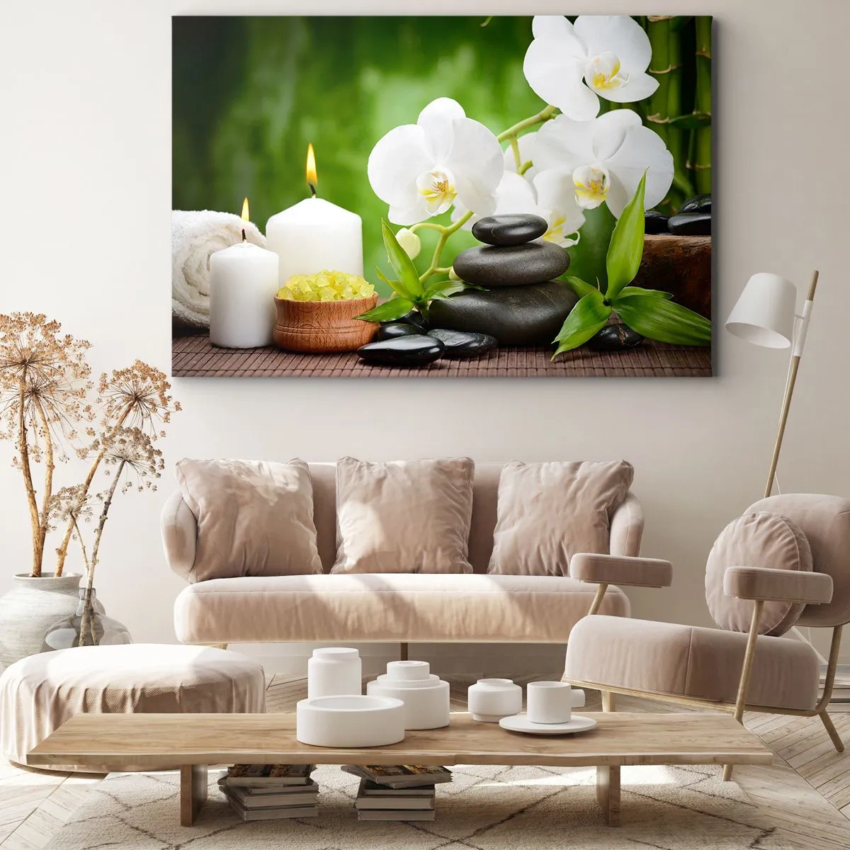 Canvas picture - Orchids, candles and stones surrounded by nature - 70x50cm - Fragrant, Flowery, Delicate Touch - Modern wall decoration for the living room and bedroom ARTTOR