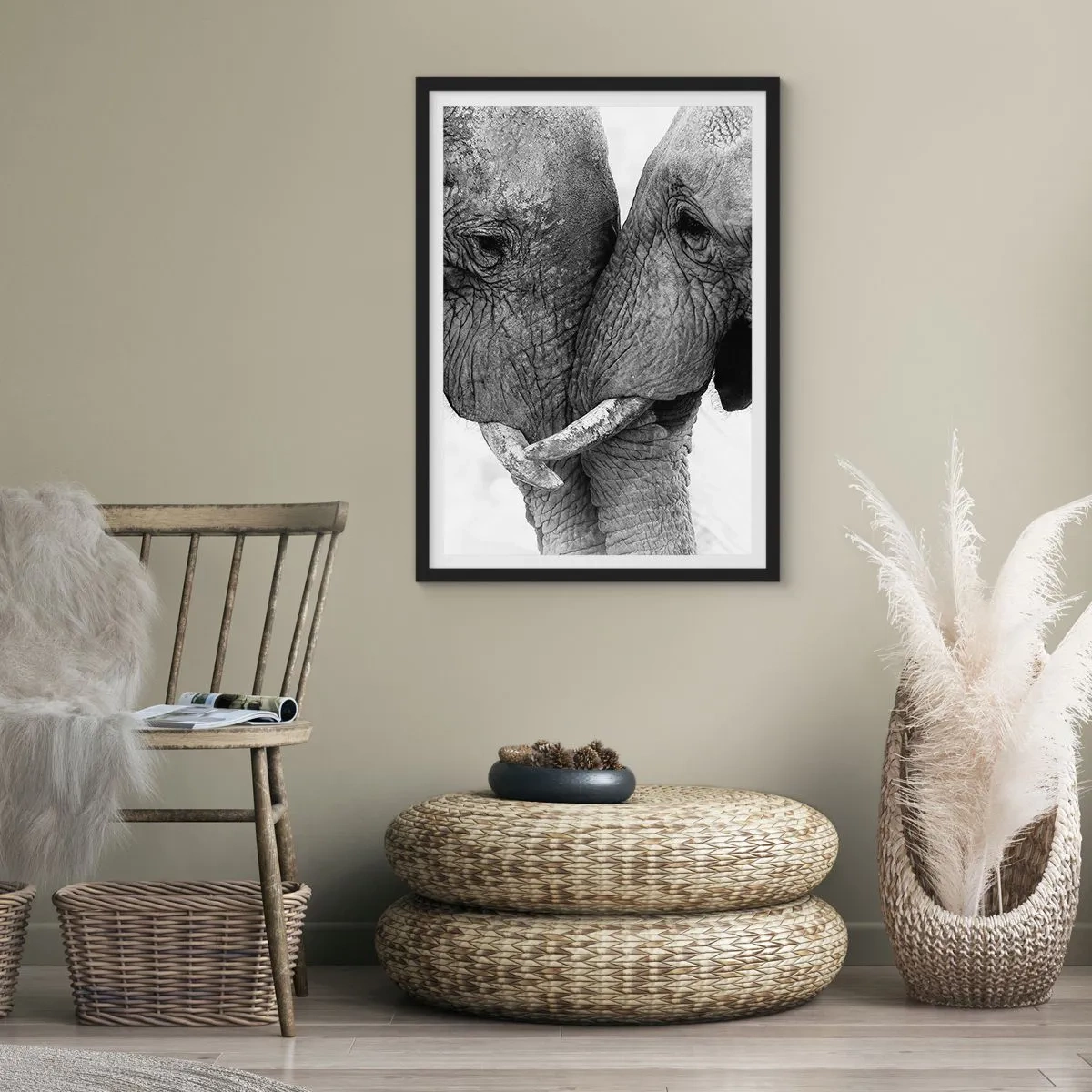 Poster in black frame - Close-up shot of two elephants in black and white - 50x70cm - Hearty Confession - Modern wall decoration for the living room and bedroom ARTTOR