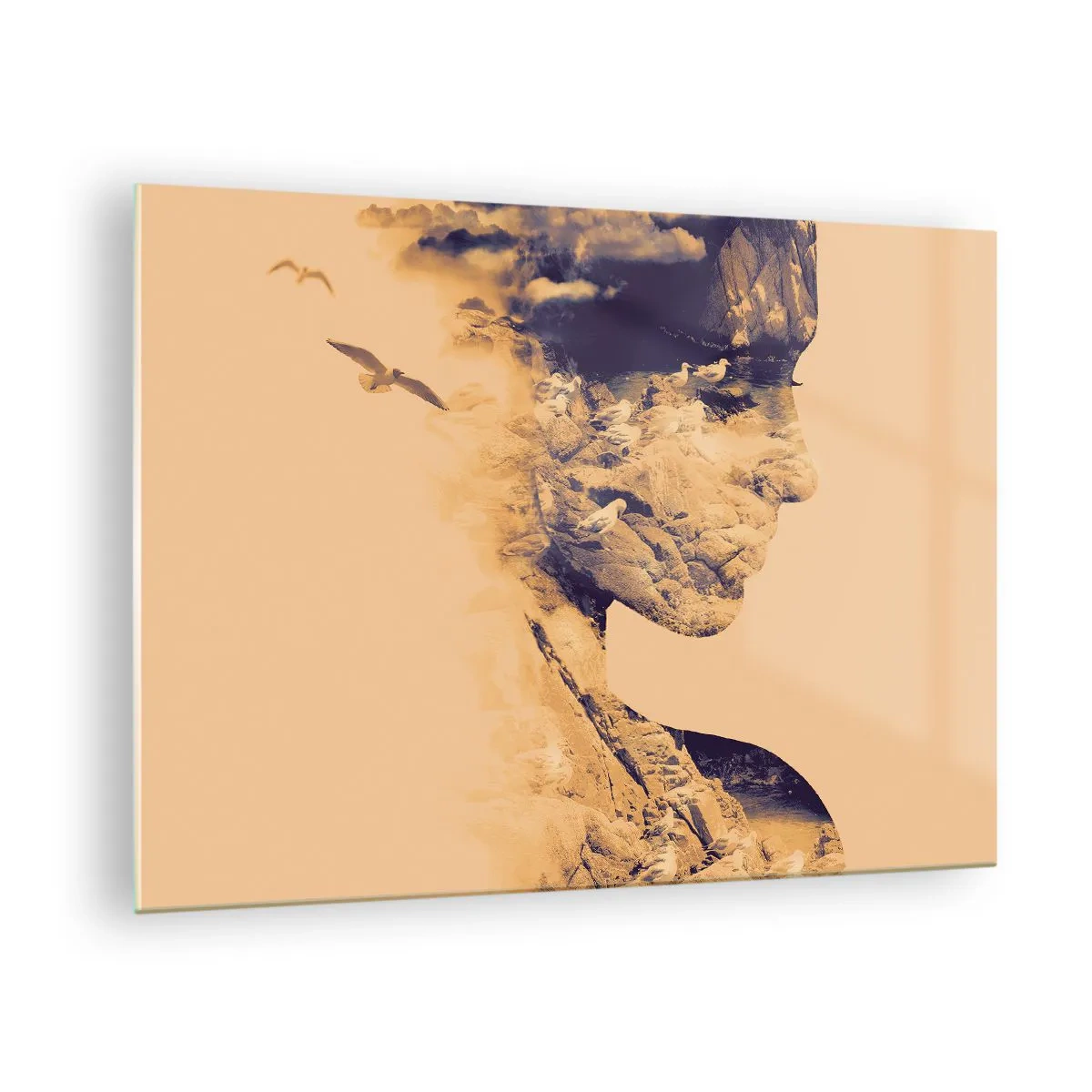 Glass picture - Silhouette of a woman with a landscape motif and birds - 70x50cm - Naturally Beautiful - Modern wall decoration for the living room and bedroom ARTTOR
