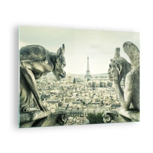 Glass picture - Gargoyles over Paris with a view of the Eiffel Tower - 70x50cm - Parisian Talks - Modern wall decoration for the living room and bedroom ARTTOR