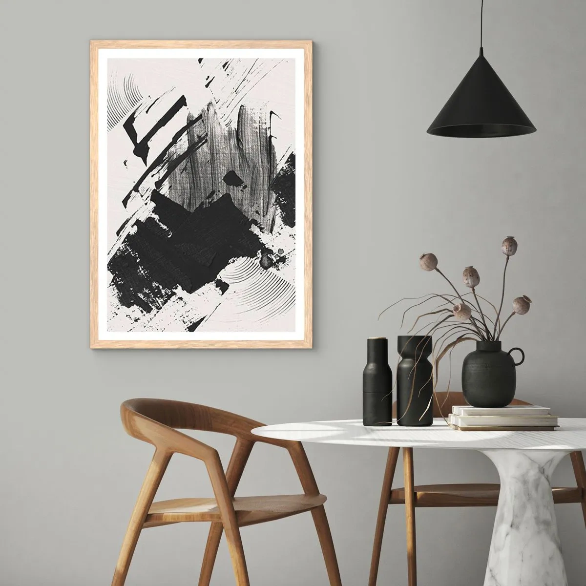Poster in light oak frame - Abstract - Expression of Black - 40x50 cm