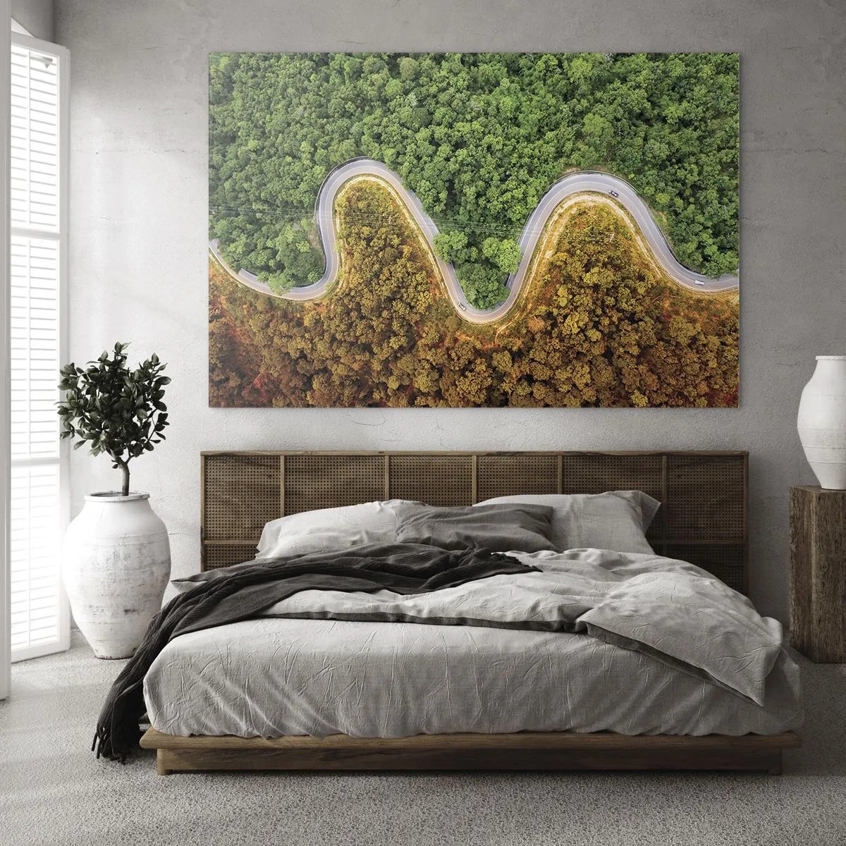 Glass picture - A winding road through a dense forest seen from a bird's eye view - 70x50cm - Borders and Breakthroughs - Modern wall decoration for the living room and bedroom ARTTOR