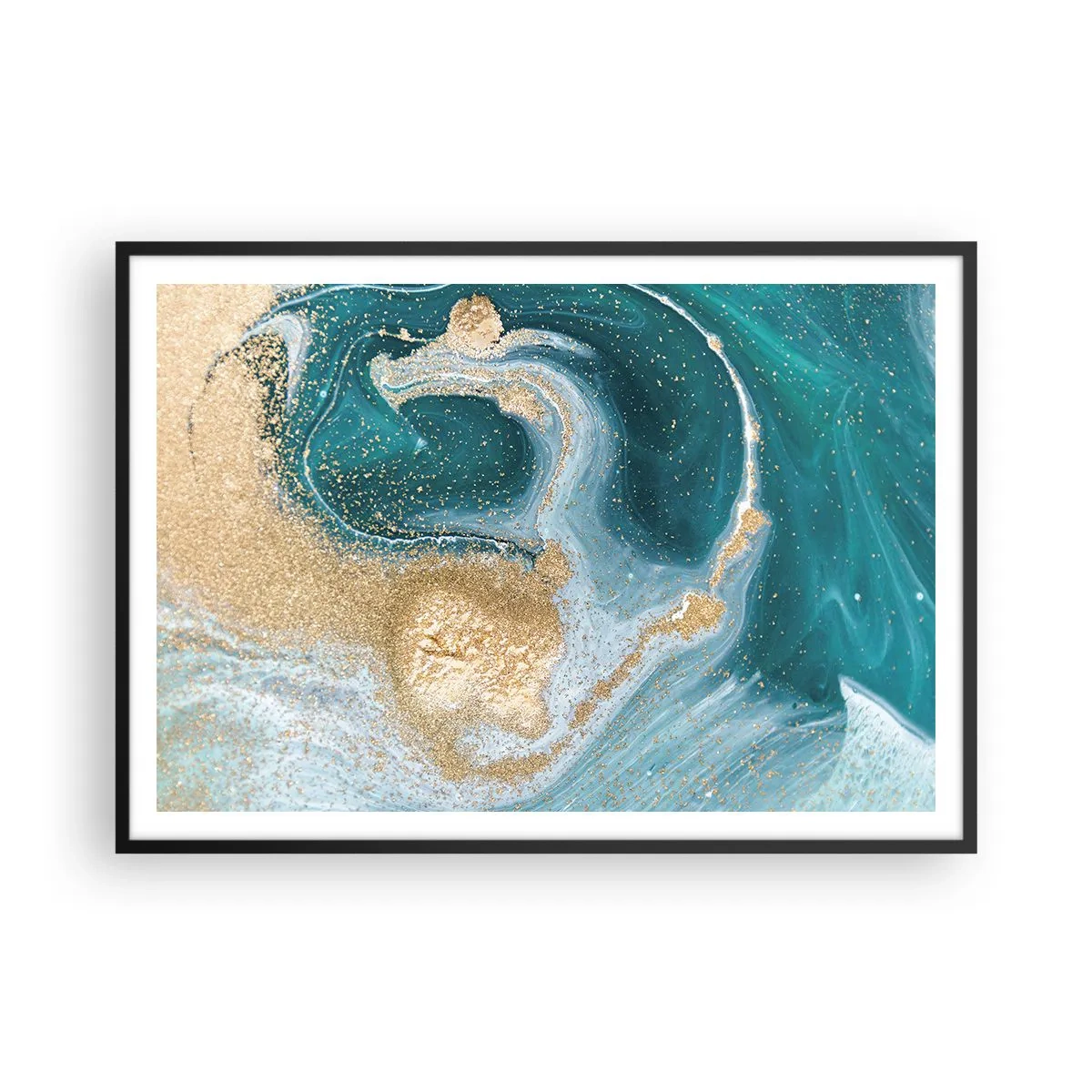 Poster in black frame - Swirl of Gold and Turquiose - 100x70 cm