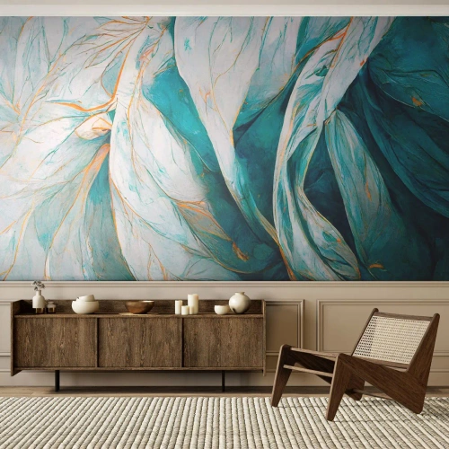 Photo Wallpaper Premium Canvas - Blue Abstract with a Golden Motif - Piece, Art Deco, Subtle - 250x175 cm