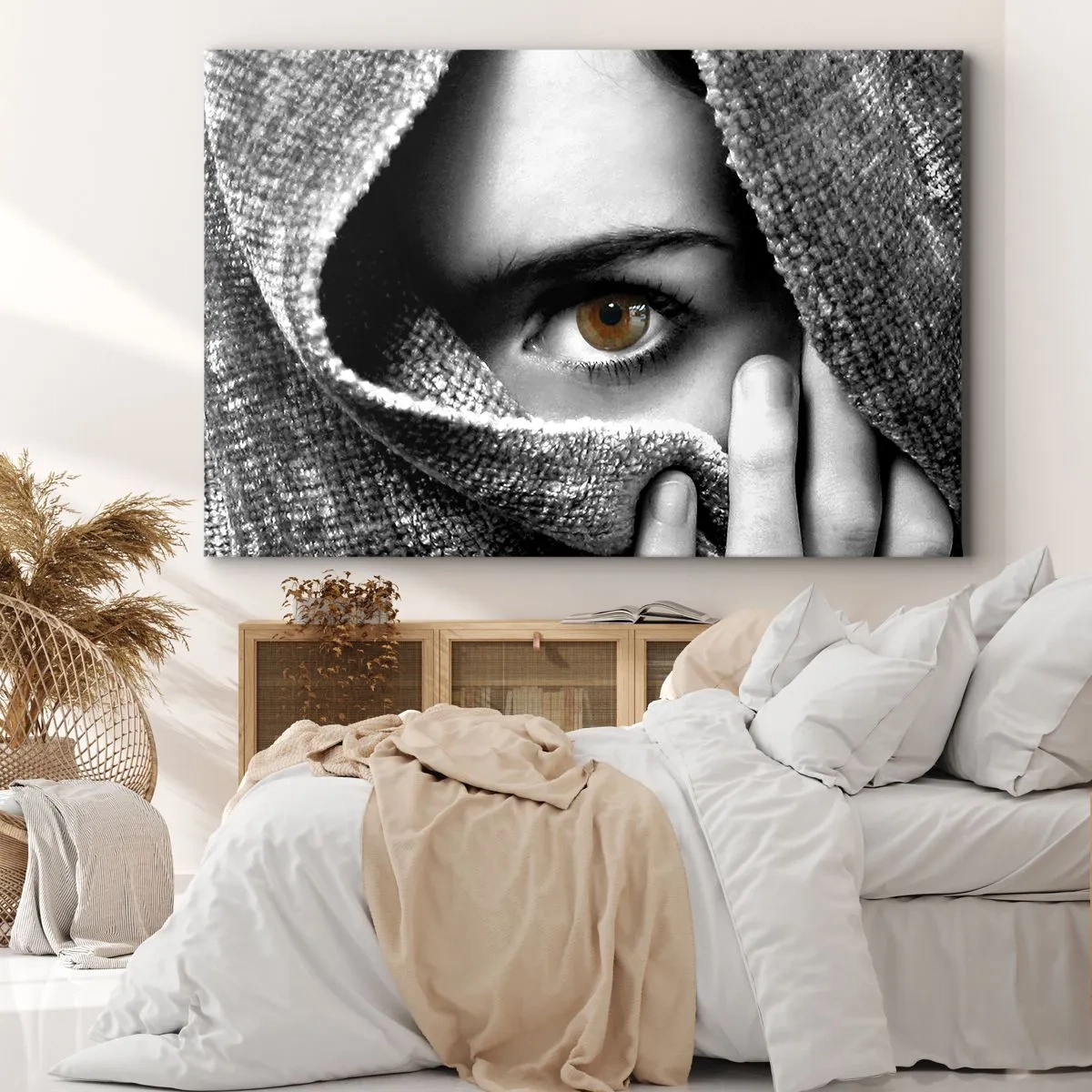 Canvas picture - Portrait of a woman with an amber eye covered with a fabric in shades of gray. - 70x50cm - Know the Secret - Modern wall decoration for the living room and bedroom ARTTOR