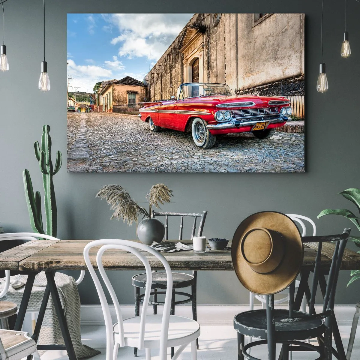 Canvas picture - Red classic car on a cobblestone street - 70x50cm - Cuban Style - Modern wall decoration for the living room and bedroom ARTTOR