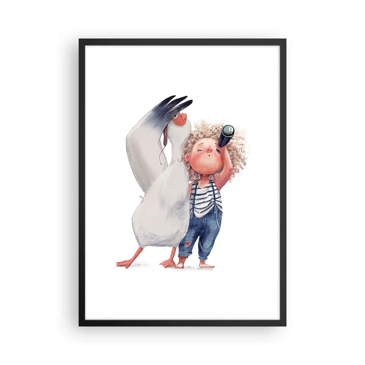 Poster in black frame - Illustration of a child with binoculars and a bird accompanying them - 50x70cm - Plan of a Great Journey - Modern wall decoration for the living room and bedroom ARTTOR