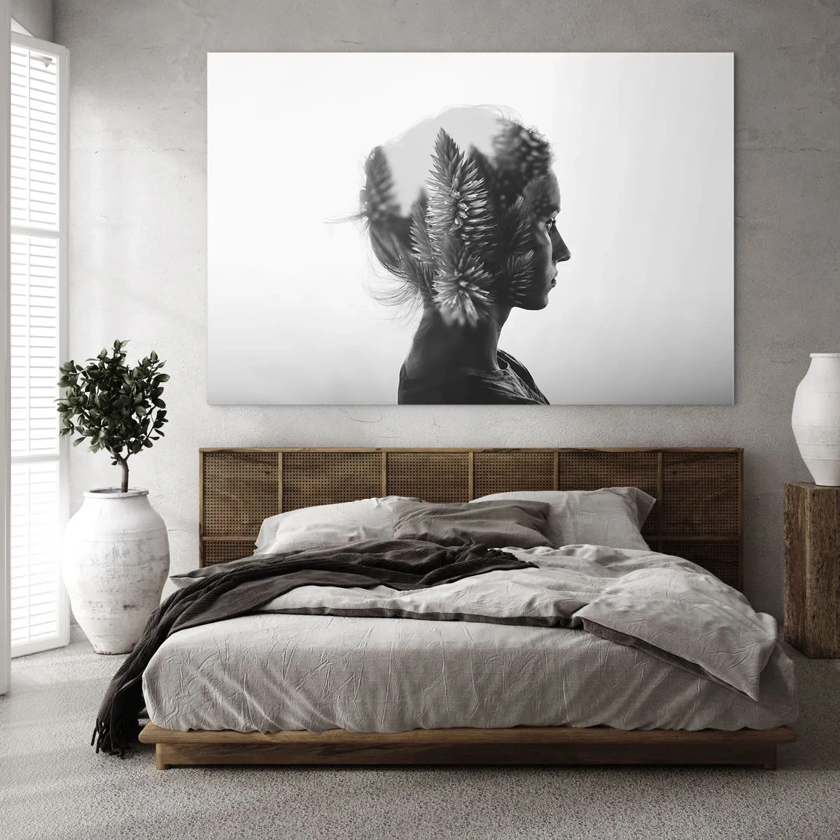 Glass picture - A woman in black and white with a coniferous forest motif superimposed - 70x50cm - Lady from a Pinewood Forest - Modern wall decoration for the living room and bedroom ARTTOR