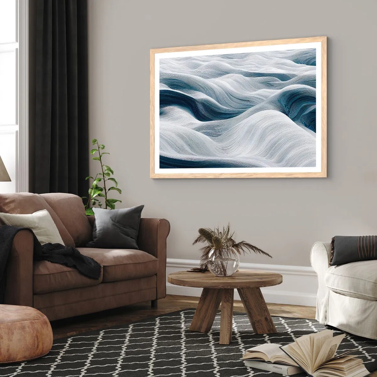 Poster in light oak frame - White and Blue Waves - 91x61 cm