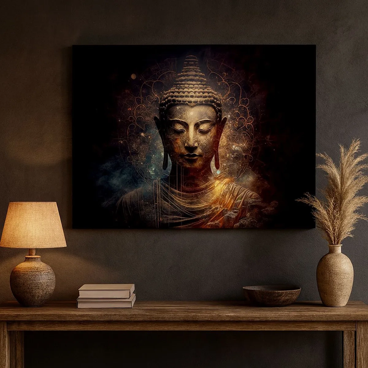 Canvas picture - Golden Buddha on a dark background with ornaments - 70x50cm - Spiritual Balance - Modern wall decoration for the living room and bedroom ARTTOR