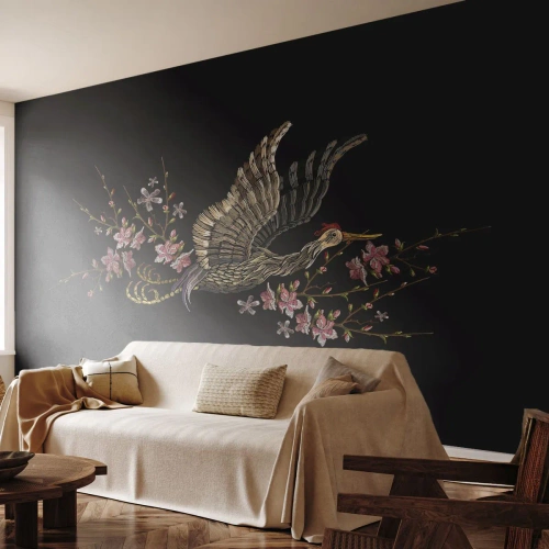 Photo Wallpaper Standard Eco - An elegant crane among flowering branches on a black background - 100x70cm - Exotic, Embroidered Bird - Modern wall decoration for the living room and bedroom ARTTOR
