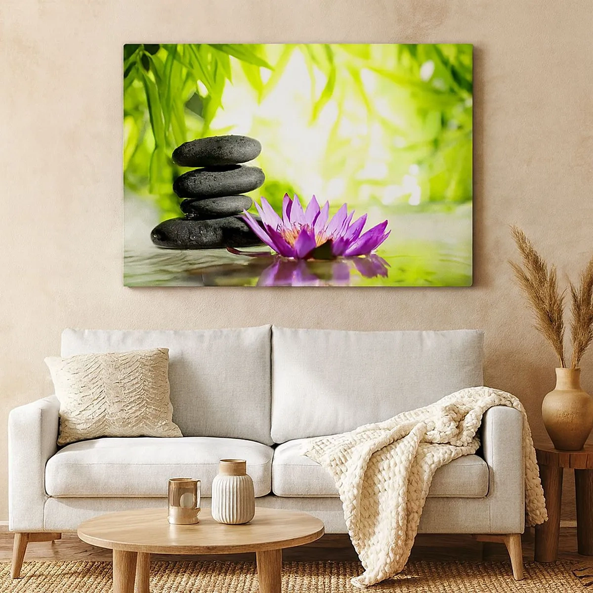 Canvas picture - A stack of zen stones and a lotus flower against a background of bamboo leaves. - 70x50cm - In a Bamboo Grove - Modern wall decoration for the living room and bedroom ARTTOR