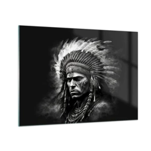 Glass picture - Black and white portrait of a warrior with a feathered headdress - 70x50cm - Chief and Warrior - Modern wall decoration for the living room and bedroom ARTTOR