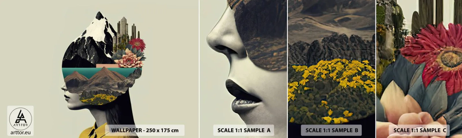 Photo Wallpaper Sample Self-Adhesive Deluxe Sticker - Woman - Always a Mystery - Mountains, Mind, Head - 100x30 cm