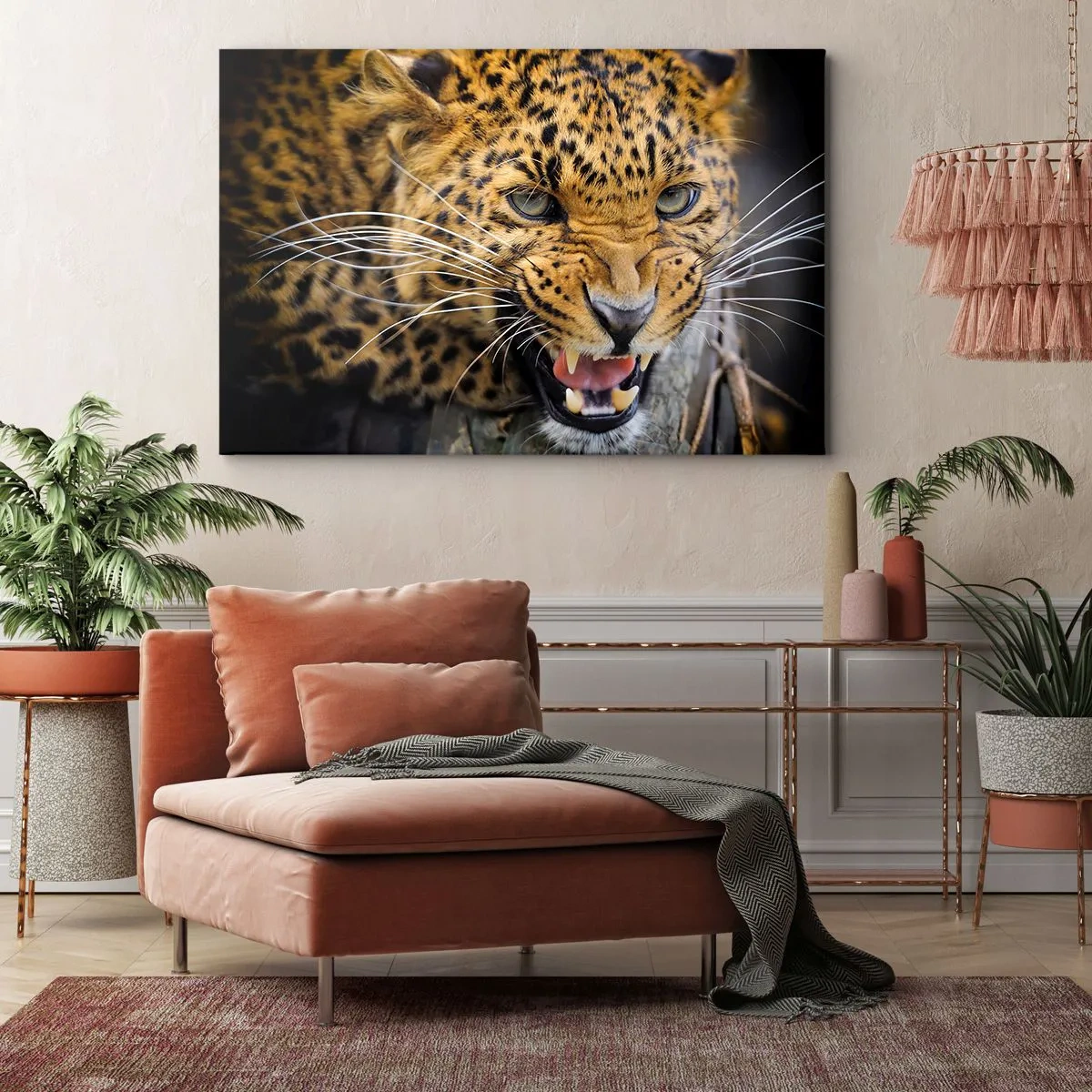 Canvas picture - A close-up of a menacing leopard with its fangs bared. - 70x50cm - Do Not Come Close, I am Warning You! - Modern wall decoration for the living room and bedroom ARTTOR