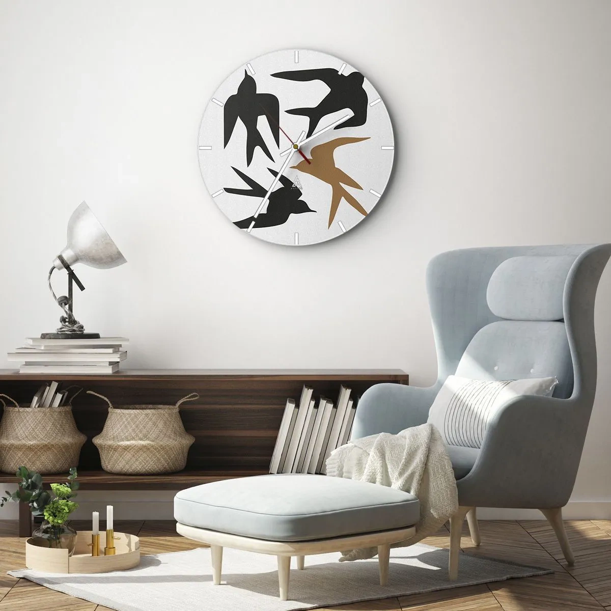 Wall clock - Clock on glass - Swallows at Play - 40x40 cm