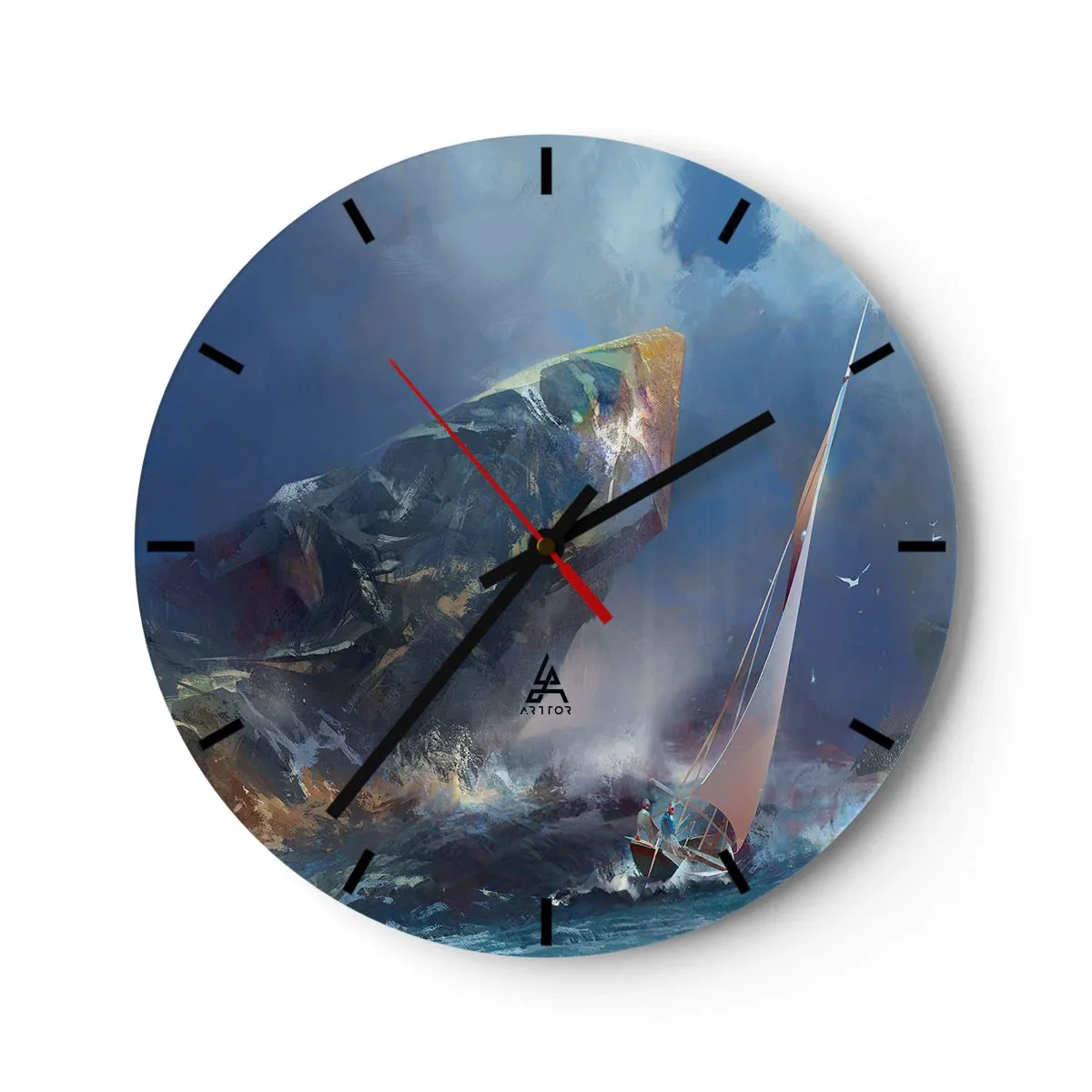 Wall clock - Clock on glass - A yacht in a stormy sea near rocks in an abstract style. - 30x30cm - Who Has the Courage, Wins - Modern wall decoration for the living room, kitchen, and bedroom ARTTOR