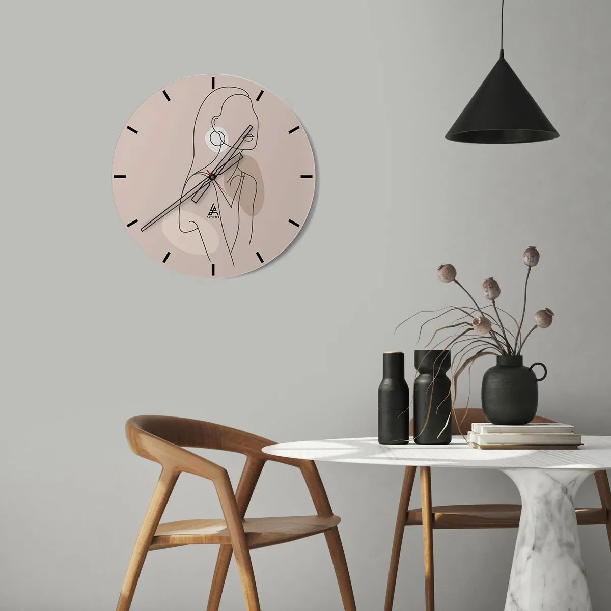 Wall clock - Clock on glass - A minimalistic line of a female silhouette on a beige background - 30x30cm - Icon of Girlhood - Modern wall decoration for the living room, kitchen, and bedroom ARTTOR