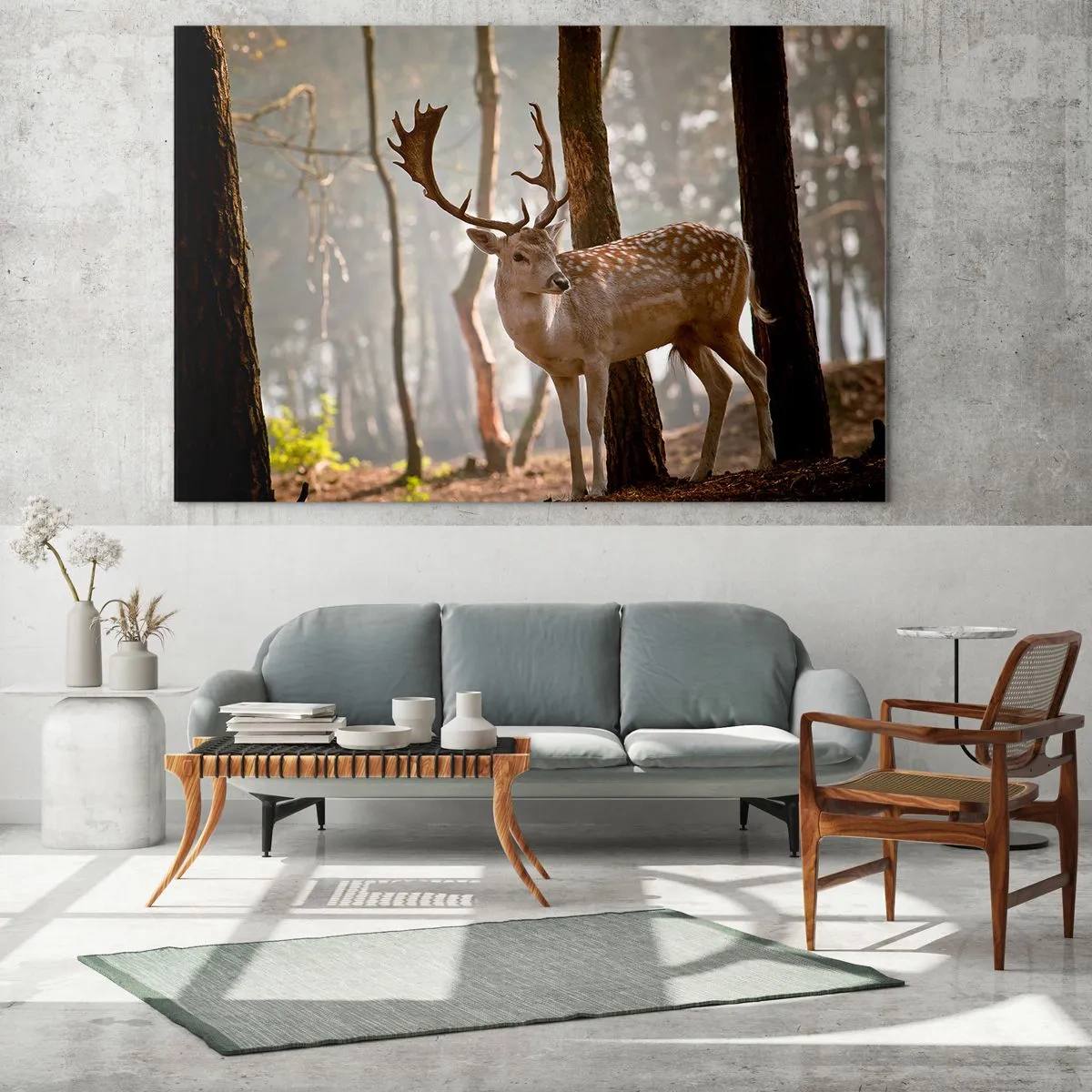 Glass picture - A deer in the forest surrounded by morning fog - 70x50cm - Light of Youth - Modern wall decoration for the living room and bedroom ARTTOR