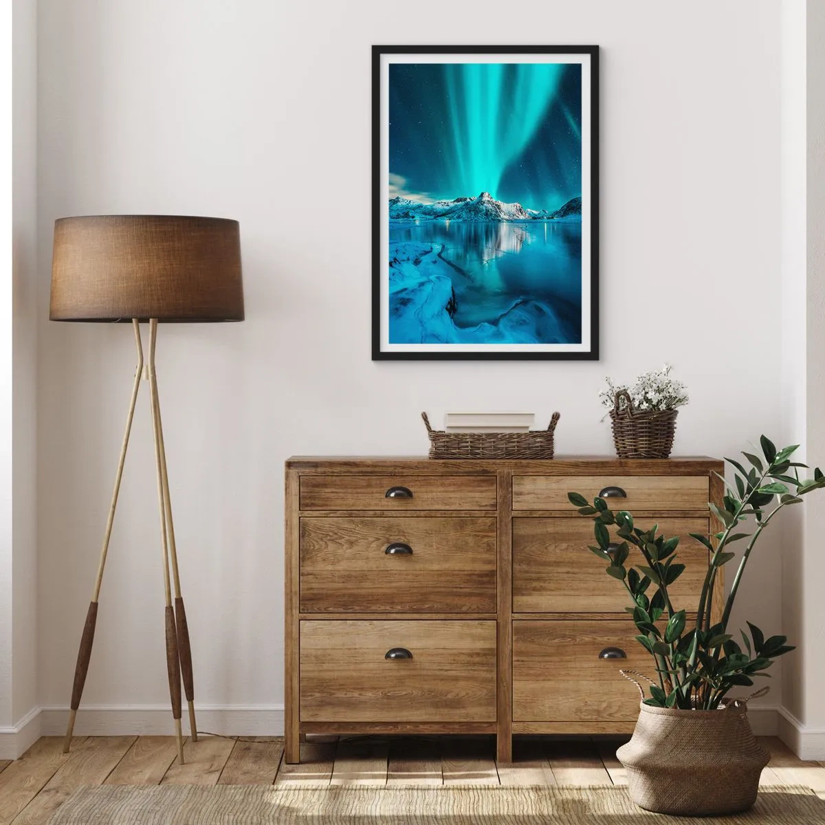 Poster in black frame - Aurora Borealis over the snow-capped mountains - 50x70cm - The Night of Light - Modern wall decoration for the living room and bedroom ARTTOR
