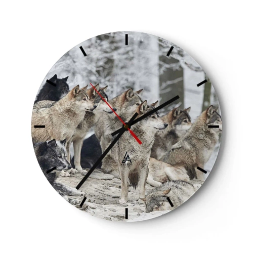 Wall clock - Clock on glass - A pack of wolves in a winter forest in a natural setting - 30x30cm - Family and Friends - Modern wall decoration for the living room, kitchen, and bedroom ARTTOR