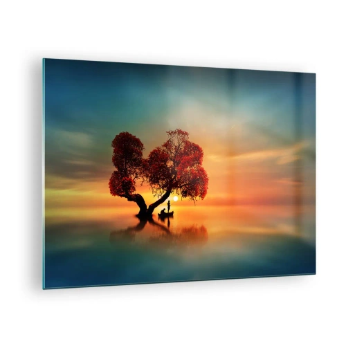 Glass picture - A tree with red leaves against the backdrop of the sunset - 70x50cm - Far Away and Lost to the World - Modern wall decoration for the living room and bedroom ARTTOR