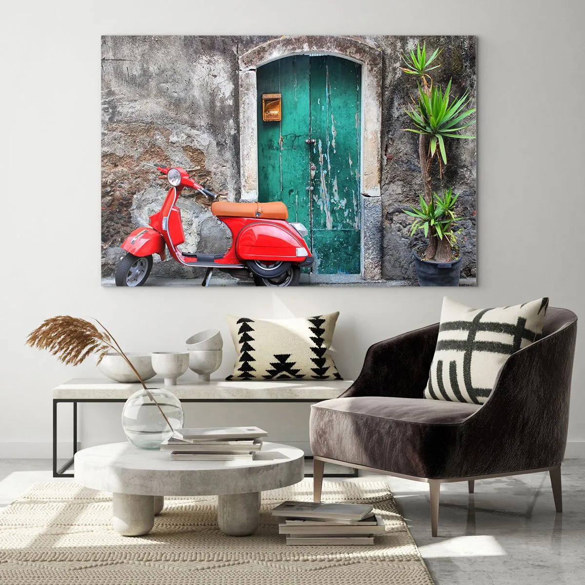 Glass picture - Red scooter against a green door - 70x50cm - Italian Holiday - Modern wall decoration for the living room and bedroom ARTTOR