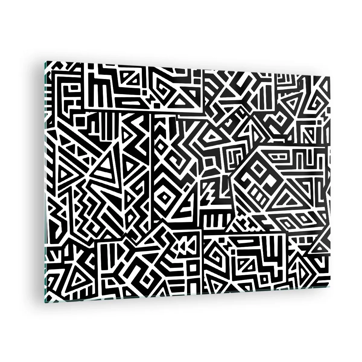 Glass picture - Black and white pattern inspired by tribal art - 70x50cm - Precolumbian Composition - Modern wall decoration for the living room and bedroom ARTTOR