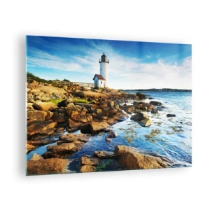 Glass picture - A lighthouse on a rocky coast on a sunny day - 70x50cm - Be Home Safe, I Am Waiting - Modern wall decoration for the living room and bedroom ARTTOR