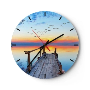 Wall clock - Clock on glass - A pier on the lake in the rays of the setting sun - 30x30cm - Time to Come Back… - Modern wall decoration for the living room, kitchen, and bedroom ARTTOR