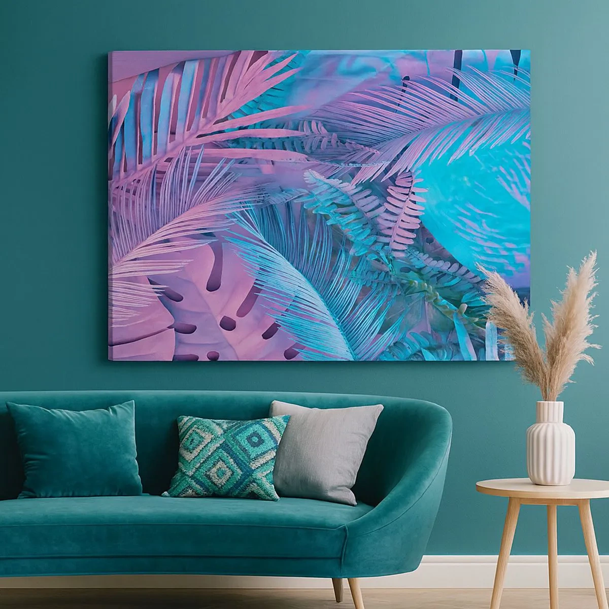Canvas picture - Tropical leaves in shades of pink and blue - 70x50cm - Tropics in Pink and Blue - Modern wall decoration for the living room and bedroom ARTTOR