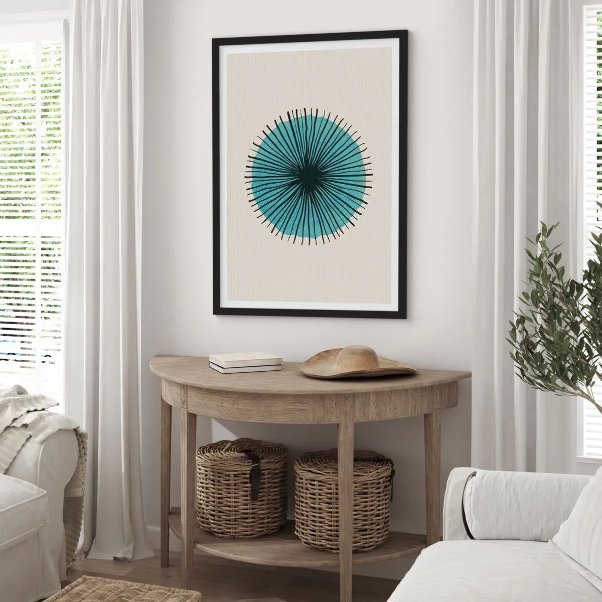 Poster in black frame - Geometric pattern in the form of a radial circle - 50x70cm - Rays on Blue - Modern wall decoration for the living room and bedroom ARTTOR