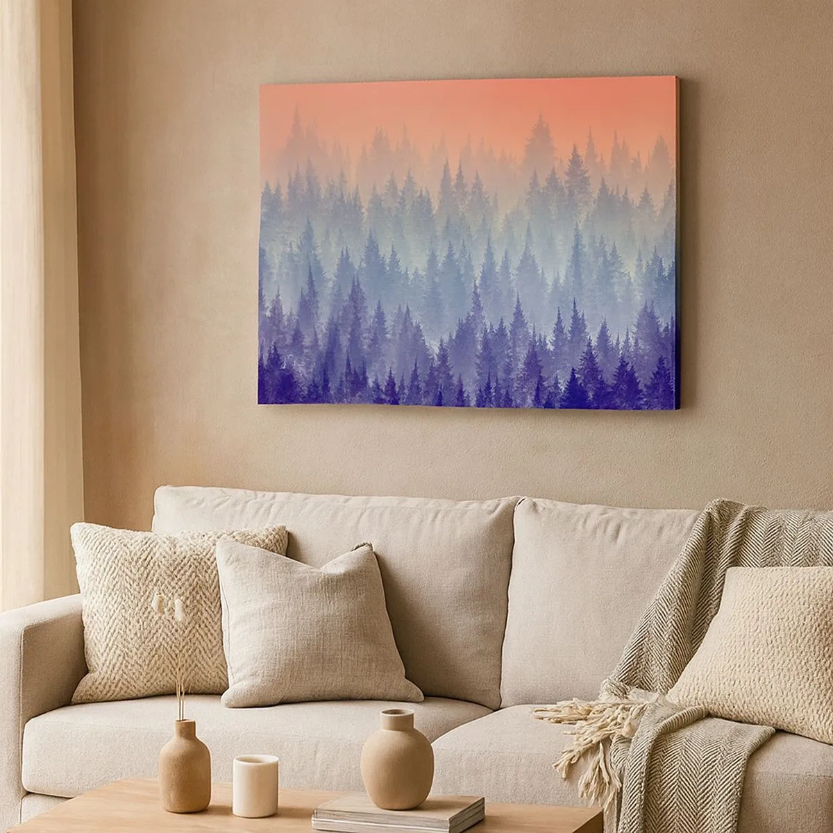 Canvas picture - A misty forest in shades of purple and orange - 70x50cm - High, Higher to the Sky - Modern wall decoration for the living room and bedroom ARTTOR