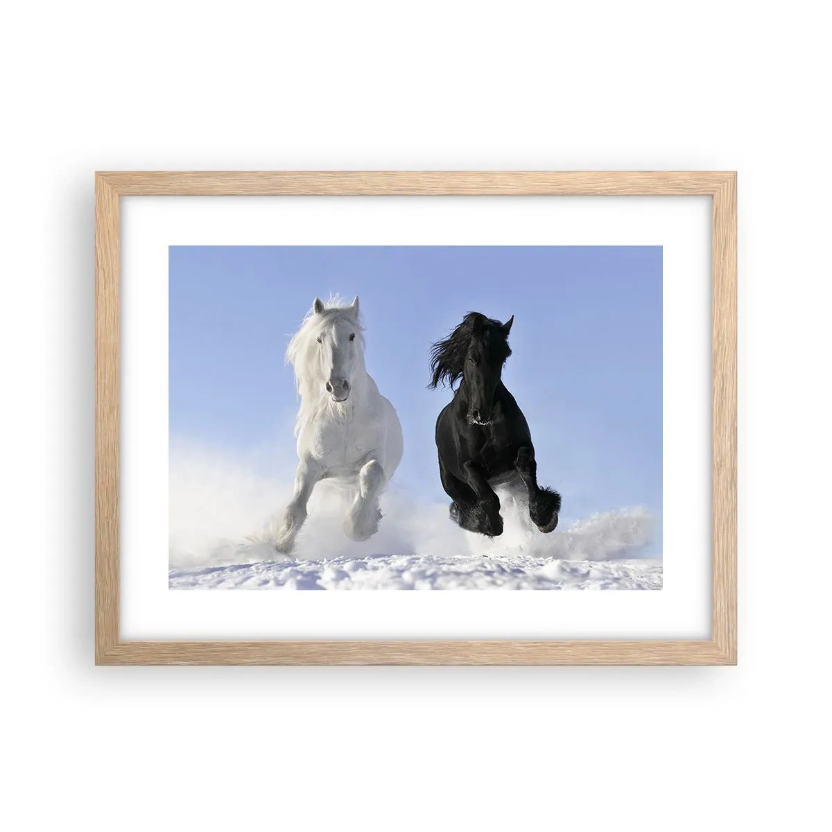 Poster in light oak frame - Black and White Gallop - 40x30 cm