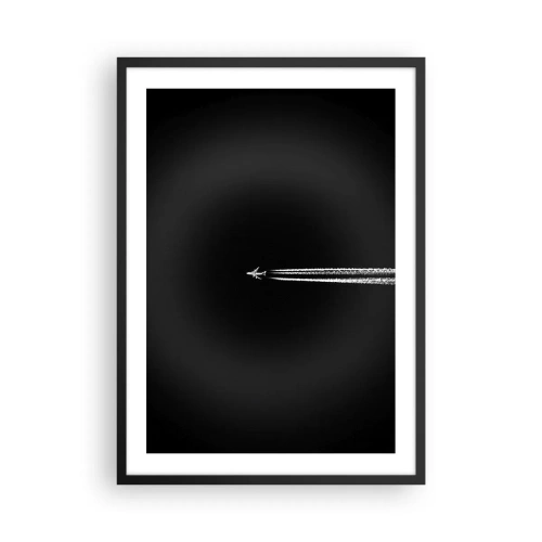 Poster in black frame - An airplane flying against a black background, leaving contrails behind. - 50x70cm - Into Another Dimension - Modern wall decoration for the living room and bedroom ARTTOR
