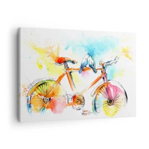 Canvas picture - Colorful watercolor painting of a bicycle with birds sitting on it - 70x50cm - Together on a Bike - Modern wall decoration for the living room and bedroom ARTTOR