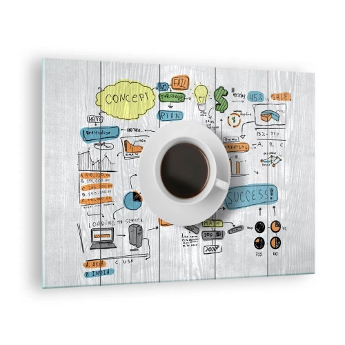 Glass picture - A cup of coffee against a background of diagrams and conceptual drawings - 70x50cm - Time for a Break - Modern wall decoration for the living room and bedroom ARTTOR