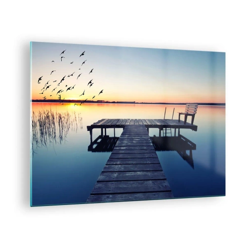 Glass picture - A pier on the lake with a view of the sunset and birds in flight - 70x50cm - It Was a Good Day - Modern wall decoration for the living room and bedroom ARTTOR