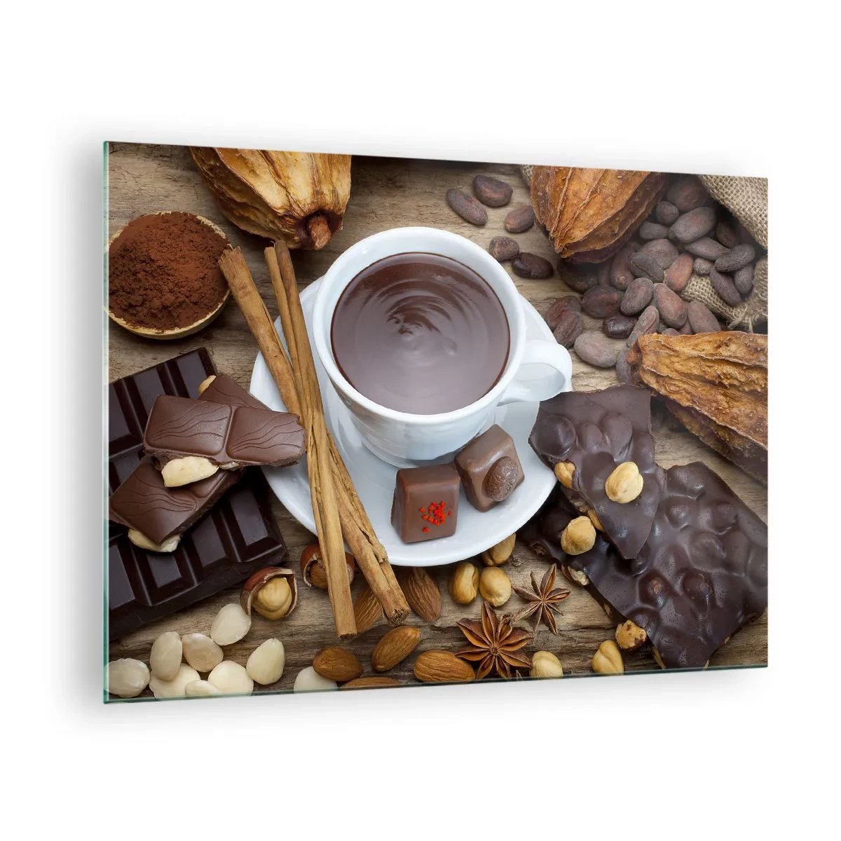 Glass picture - A cup of hot chocolate with toppings on a rustic background - 70x50cm - From a Fairytale Factory of Chocolate - Modern wall decoration for the living room and bedroom ARTTOR
