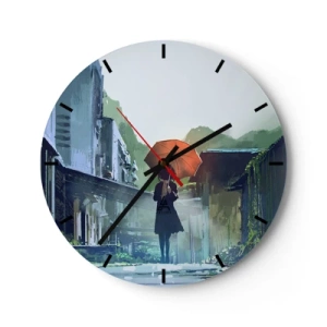 Wall clock - Clock on glass - A figure with an umbrella in a rainy street - 30x30cm - Refreshing Rain - Modern wall decoration for the living room, kitchen, and bedroom ARTTOR