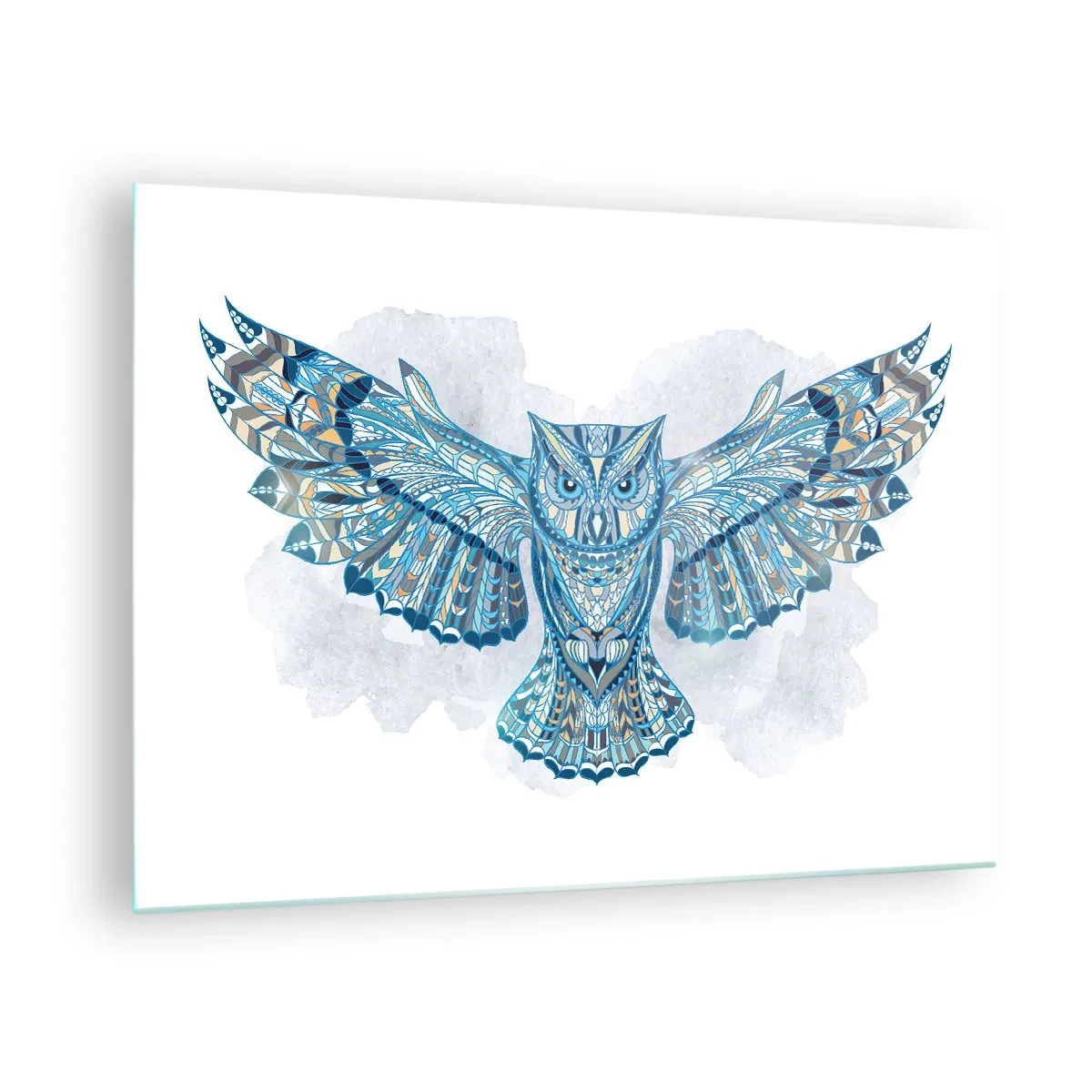 Glass picture - Blue owl with spread wings in geometric style - 70x50cm - From a Celtic Sacred Grove - Modern wall decoration for the living room and bedroom ARTTOR
